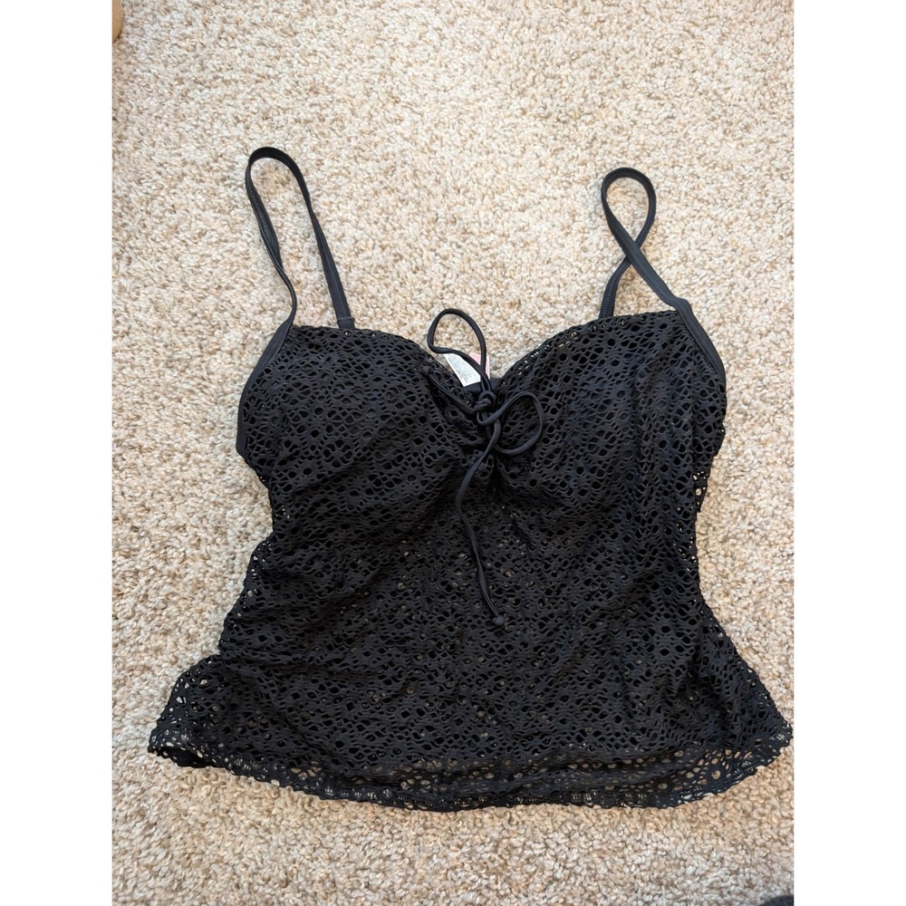 Victorias Secret Black Crochet Lace Tie Front Tankini Top 34B